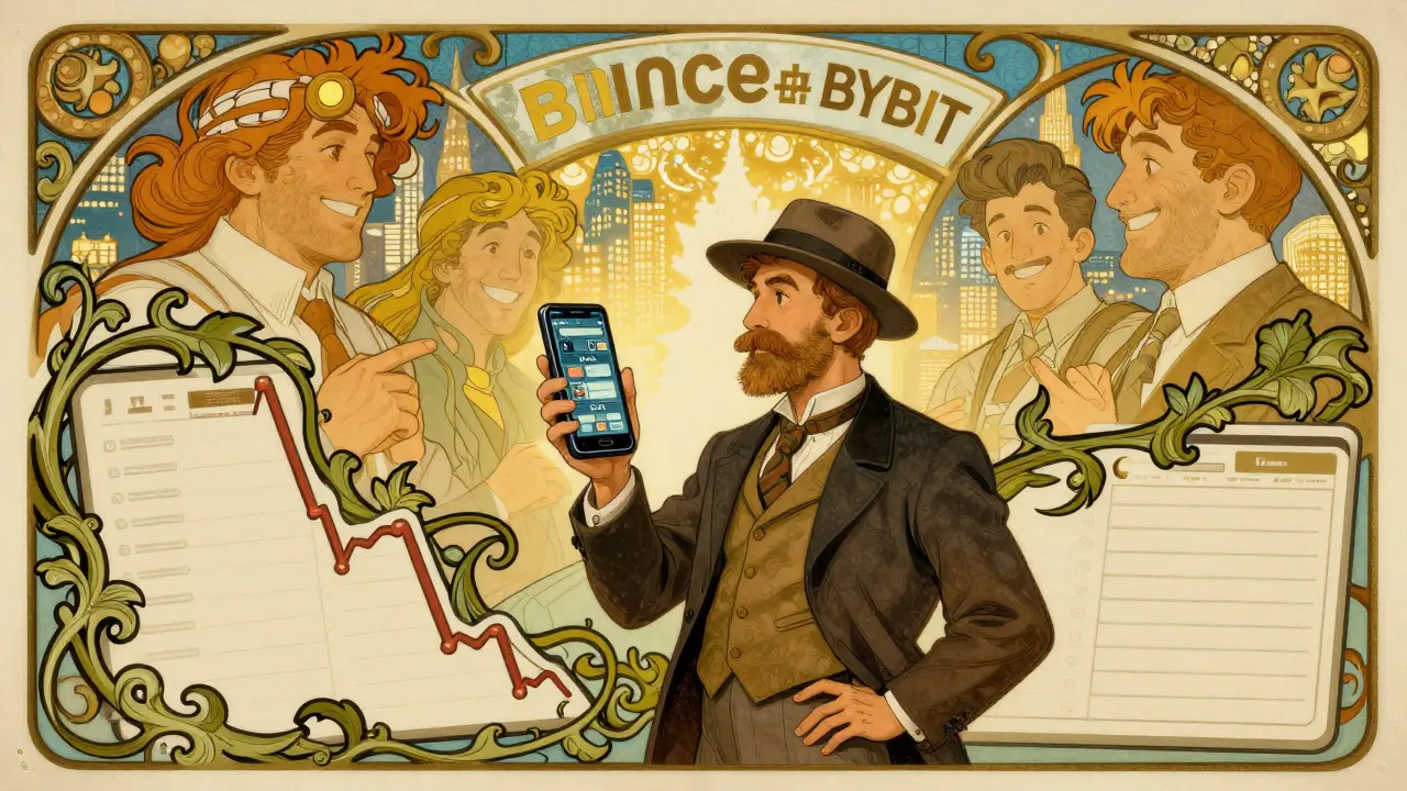 Trader con teléfono roto rodeado de gráficos caídos, mientras otros intercambios brillan al fondo.