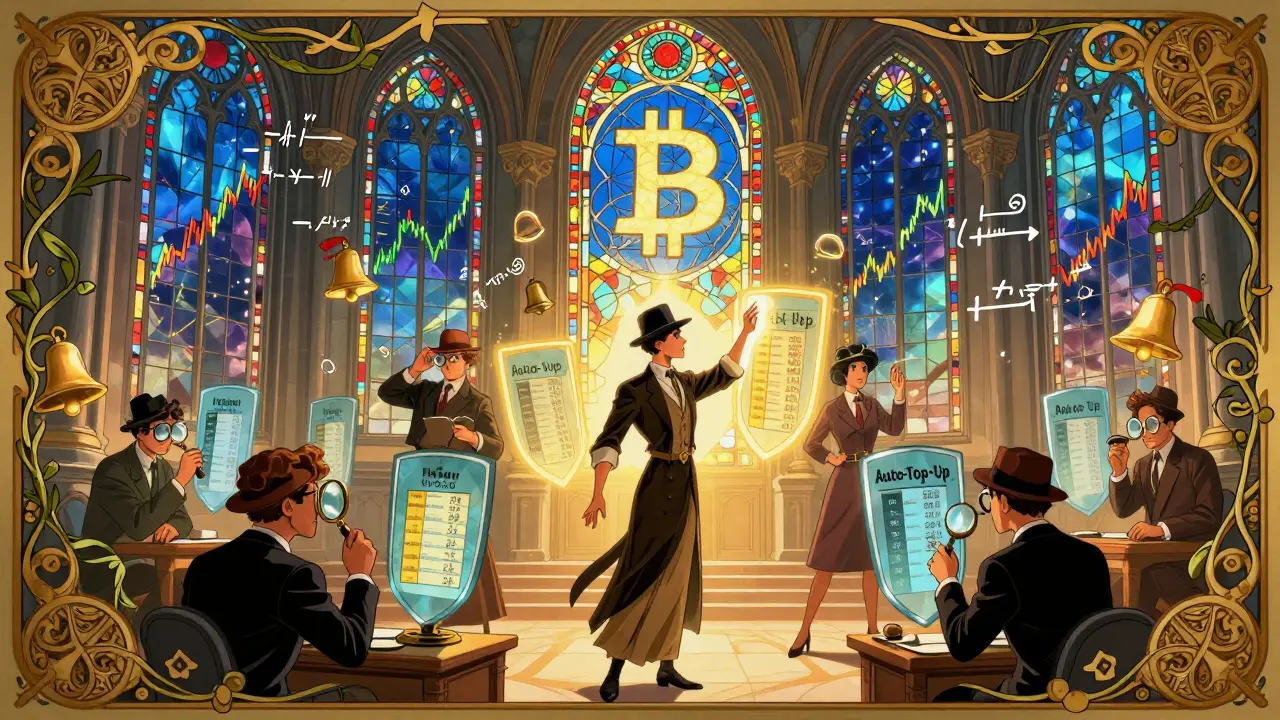 Traders in Art Nouveau style in a financial cathedral, activating an auto-top-up ritual under stained-glass price charts and floating alerts.