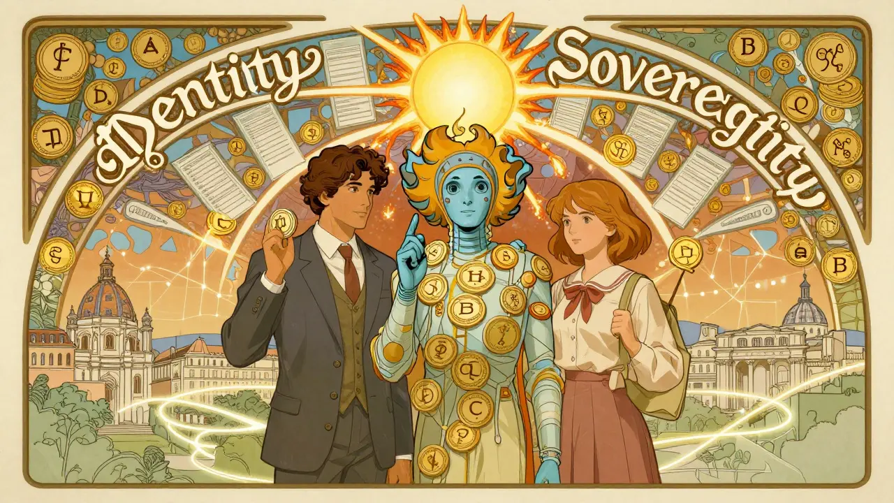 Tres figuras bajo un arco de identidades descentralizadas, con símbolos CHEQ y ciudades europeas en arte decorativo.