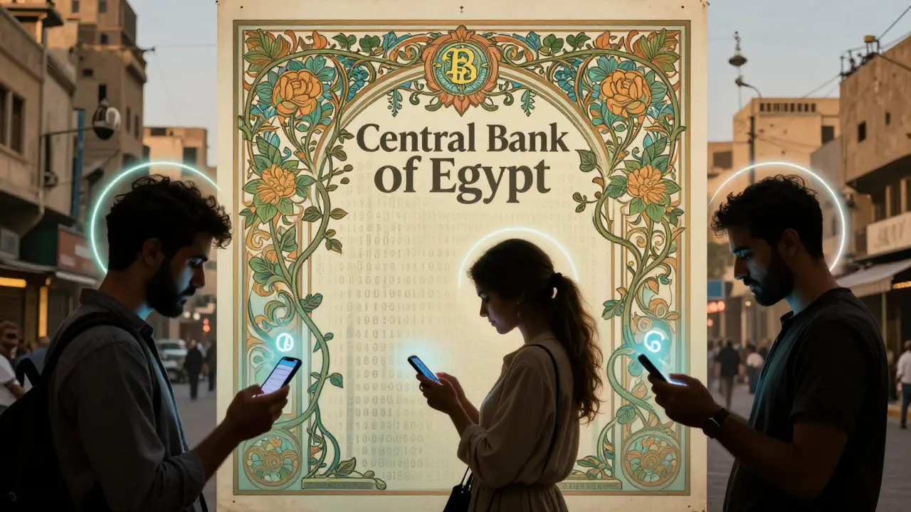 Tres personas en El Cairo intercambian criptomonedas en la calle, iluminadas por halos digitales en estilo Art Nouveau.