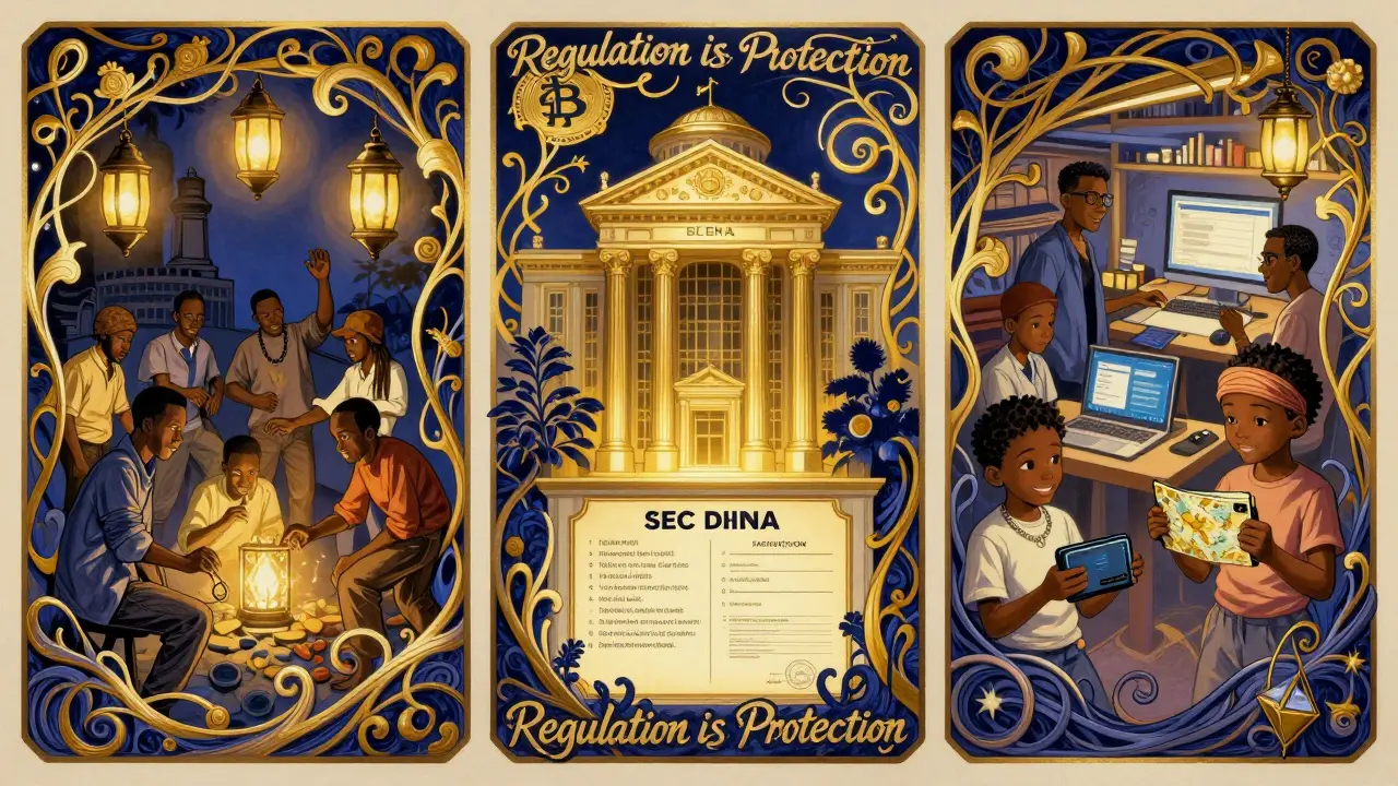 Triptico que muestra la evolución del cripto en Nigeria: caos, regulación y prosperidad, en estilo Art Nouveau.