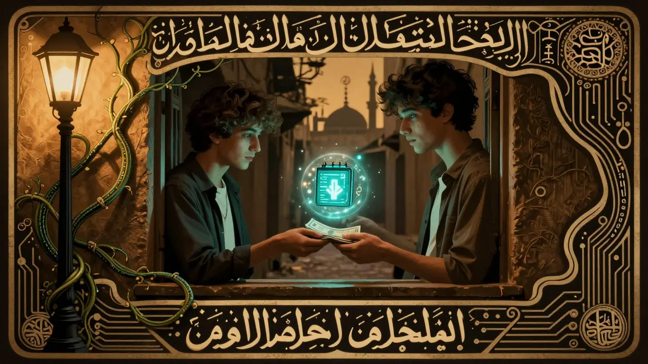 Un intercambio clandestino de cripto en un callejón de El Cairo con una billetera digital brillante entre dos personas.
