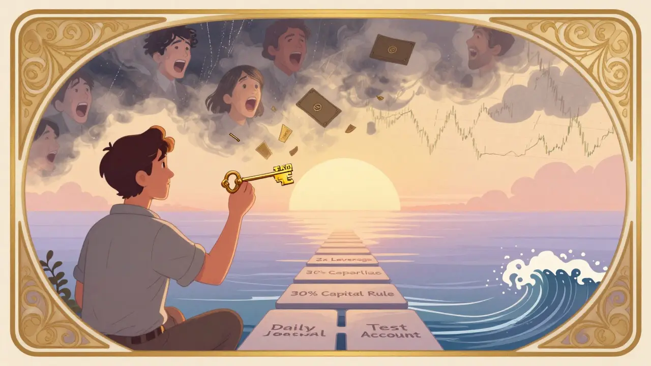 Un trader sereno cierra una operación con una llave de stop loss, mientras detrás él desaparecen las pérdidas en una tormenta, camino hacia un amanecer blockchain.