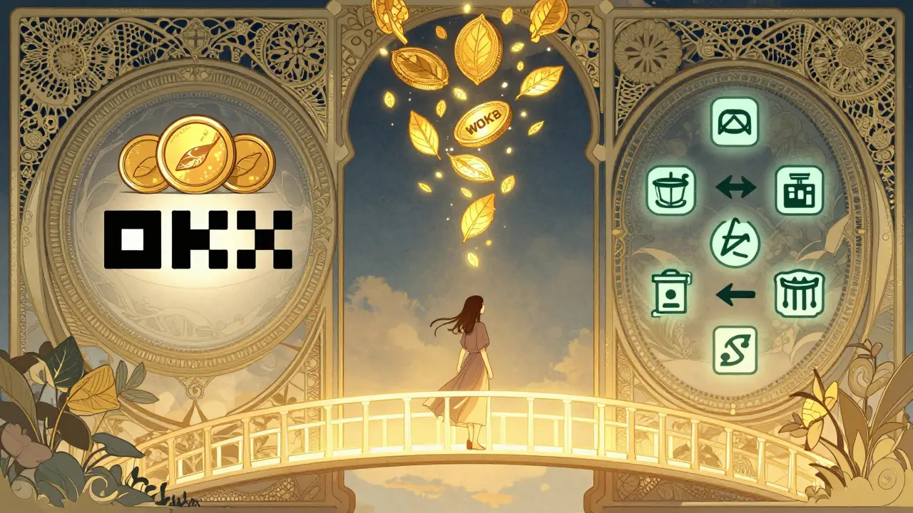 Un usuario cruza un puente luminoso entre OKX y DeFi, mientras tokens en forma de hojas flotan hacia arriba.