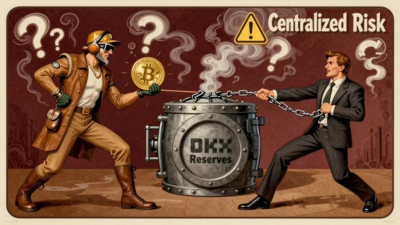 Una batalla simbólica entre acceso descentralizado y riesgo centralizado, con símbolos de riesgo en el humo.