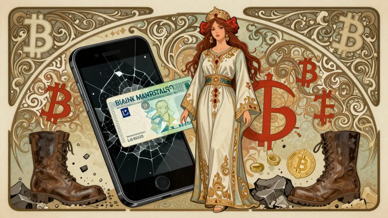 Una mujer argelina junto a dispositivos destruidos, símbolos cripto siendo aplastados por botas.