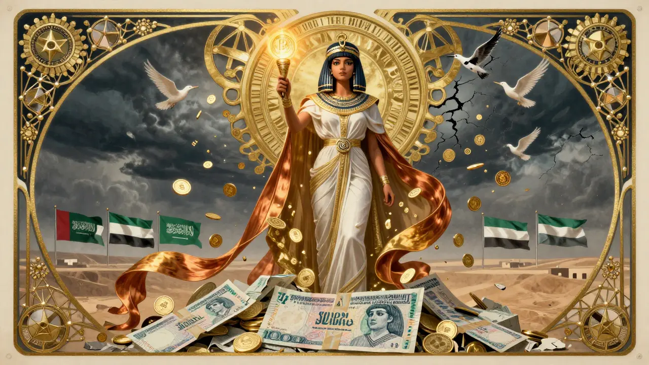 Una mujer egipcia levanta una criptomoneda como una antorcha mientras billetes se desintegran a sus pies.