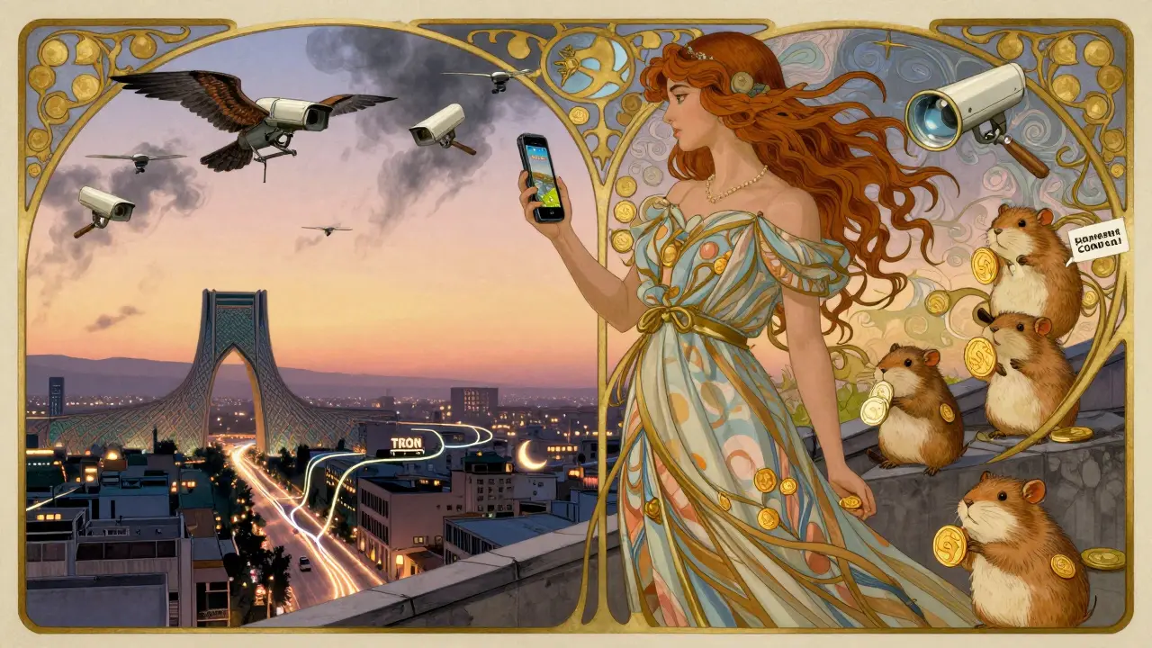 Una mujer en un techo con un teléfono mostrando Hamster Combat, mientras hamsters llevan monedas y drones de vigilancia se acercan.