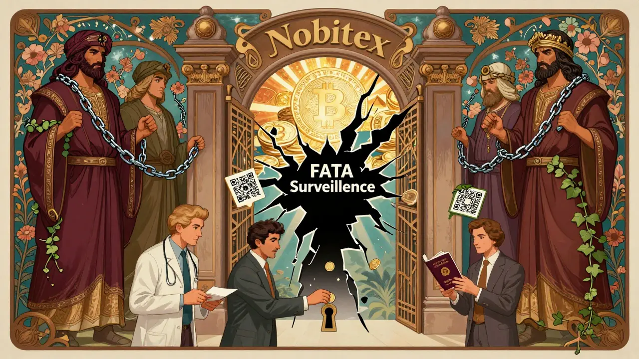 Una puerta ornamental de Nobitex vigilada por figuras que sostienen cadenas de blockchain, mientras ciudadanos intentan pasar monedas.