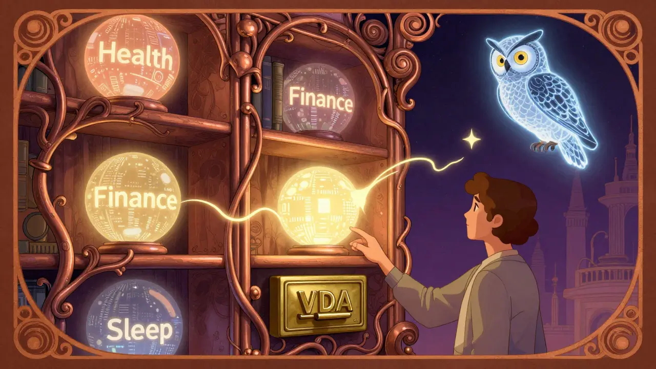 Usuario coloca token VDA en biblioteca digital con inteligencia artificial en forma de búho.