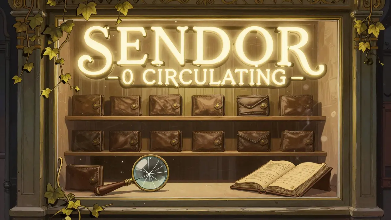 Ventana de tienda antigua con letrero 'SENDOR - 0 en circulación' y billeteras vacías.