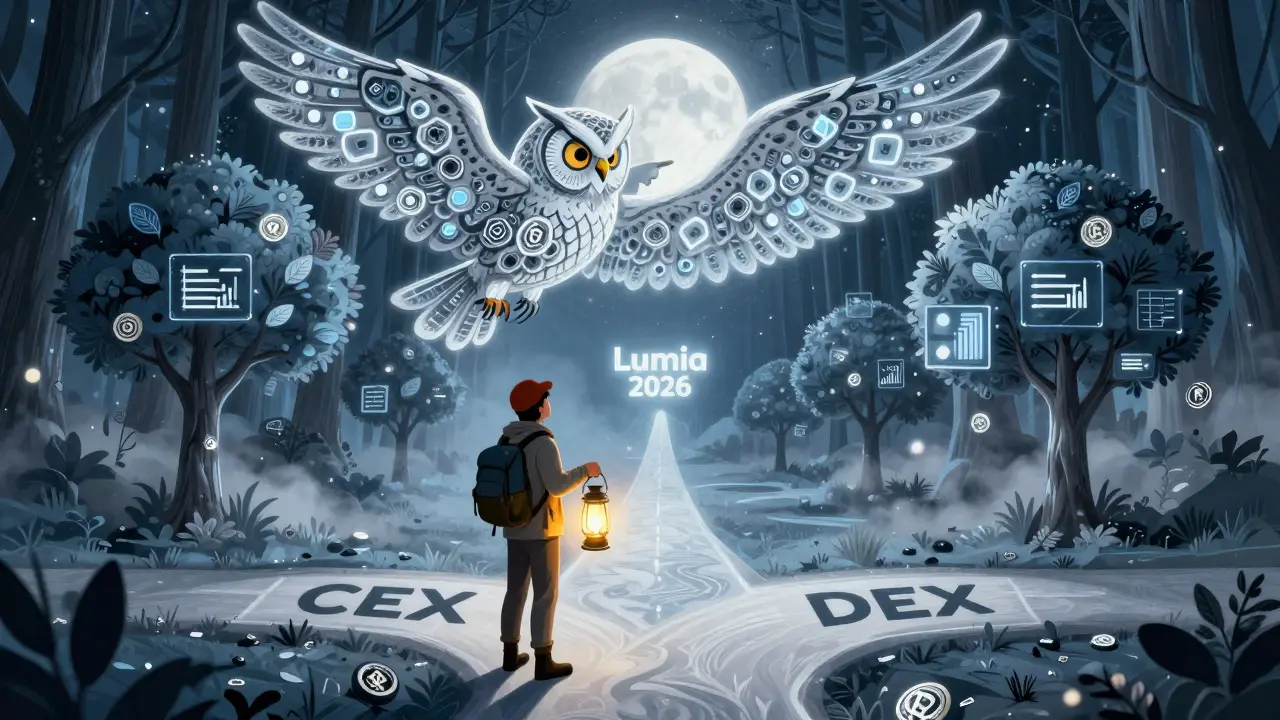 Viajero con linterna ORN frente a un camino hacia Lumia 2026, guiado por un búho de nodos blockchain.