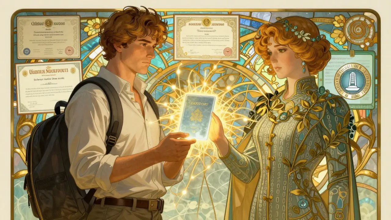 Viajero entrega pasaporte de luz a un guardián con patrones digitales, credenciales flotantes como vidrieras.