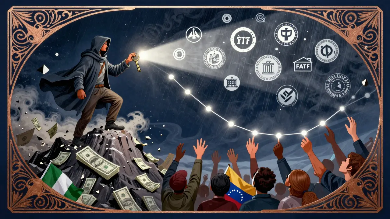 Viajero sostiene una llave de billetera digital mientras multitudes en países restringidos alcanzan hacia la luz, entre bancos y regulaciones colapsando.