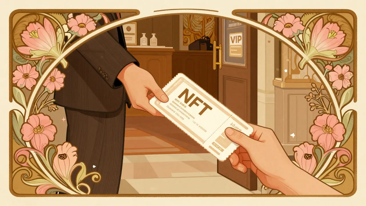 Asistente recibe descuento automático en mercancía con entrada NFT en evento.