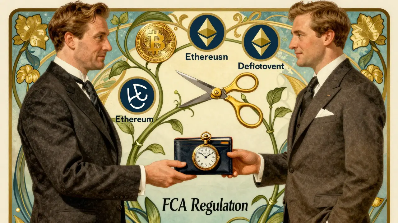 Banquero británico entrega una billetera digital en forma de reloj de bolsillo, mientras vines decorativas muestran criptomonedas reguladas e irrestrictas.