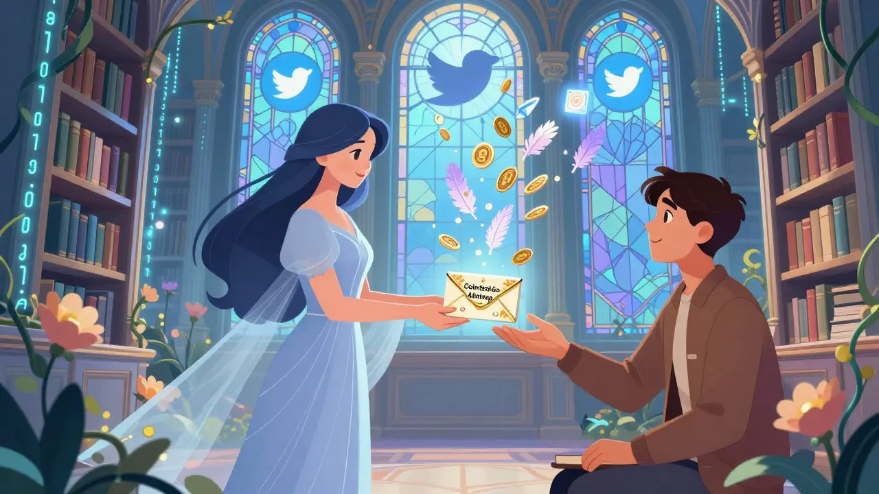 Biblioteca futurista donde una bibliotecaria entrega un sobre del airdrop de CoinGecko, con 1,000 tokens en forma de plumas flotando en luz suave.