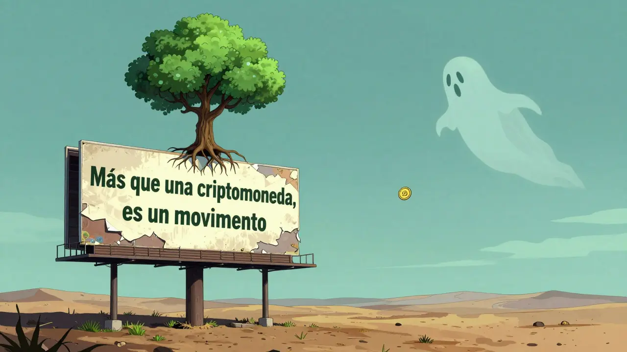 Cartel olvidado en un desierto digital, con un token girando sin rumbo bajo un árbol sin raíces.