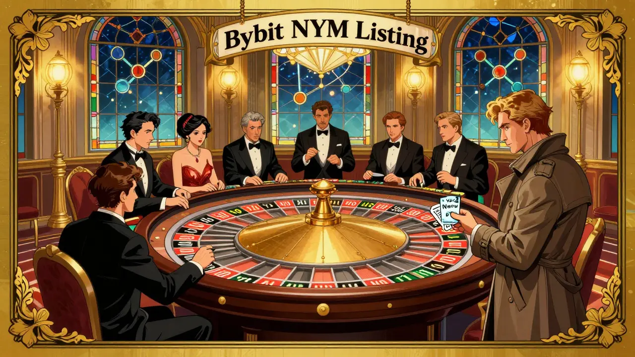 Casa de apuestas Art Deco con ruleta de 'Listado NYM en Bybit', donde un observador mira con preocupación mientras se juega el pago de 0,000.