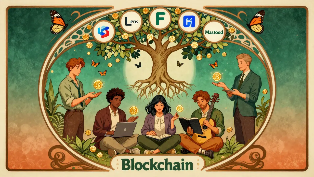 Cinco creadores reciben pagos en cripto de sus comunidades bajo un árbol con raíces de blockchain y logotipos decorativos.