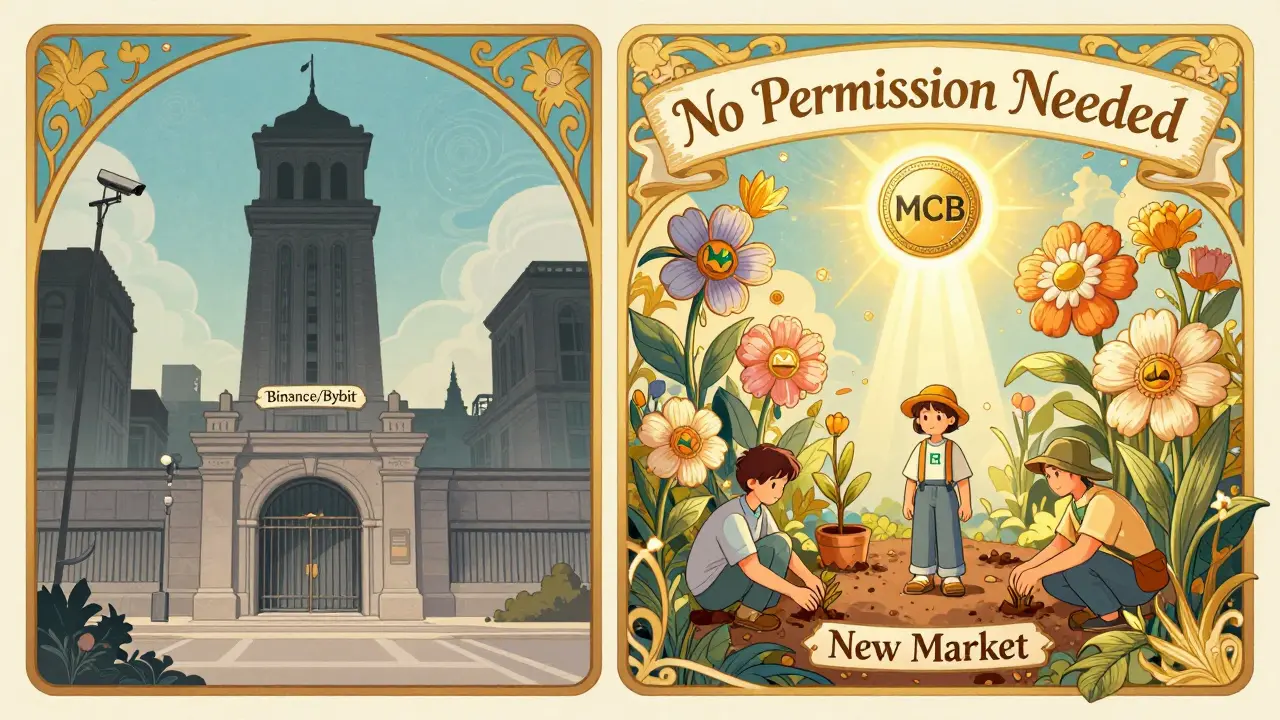 Contraste entre una bolsa centralizada cerrada y un jardín abierto de mercados creados libremente bajo un token MCB brillante.