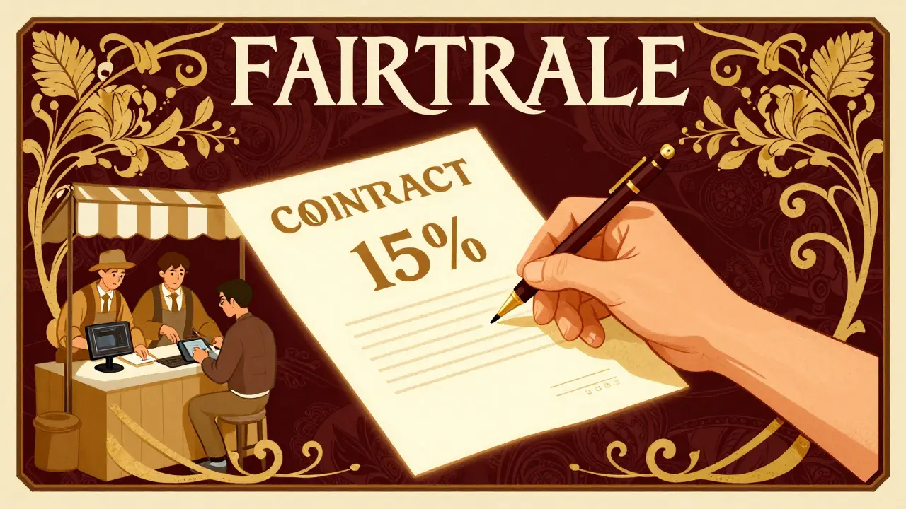 Contrato inteligente automático para reventa justa con porcentajes y límites de precio.