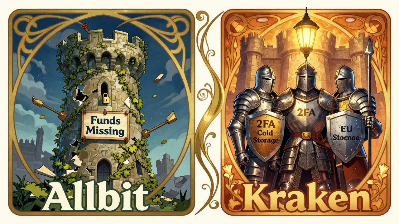 Estilo Art Nouveau: Comparación visual entre una torre decadente llamada Allbit y un fuerte brillante llamado Kraken, con elementos de seguridad y licencia.