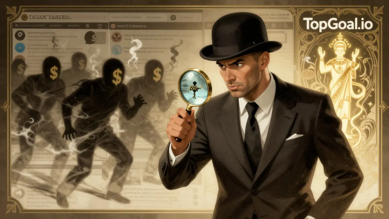 Fan con lupa examina un NFT de Zidane mientras estafadores se disuelven en humo tras él.