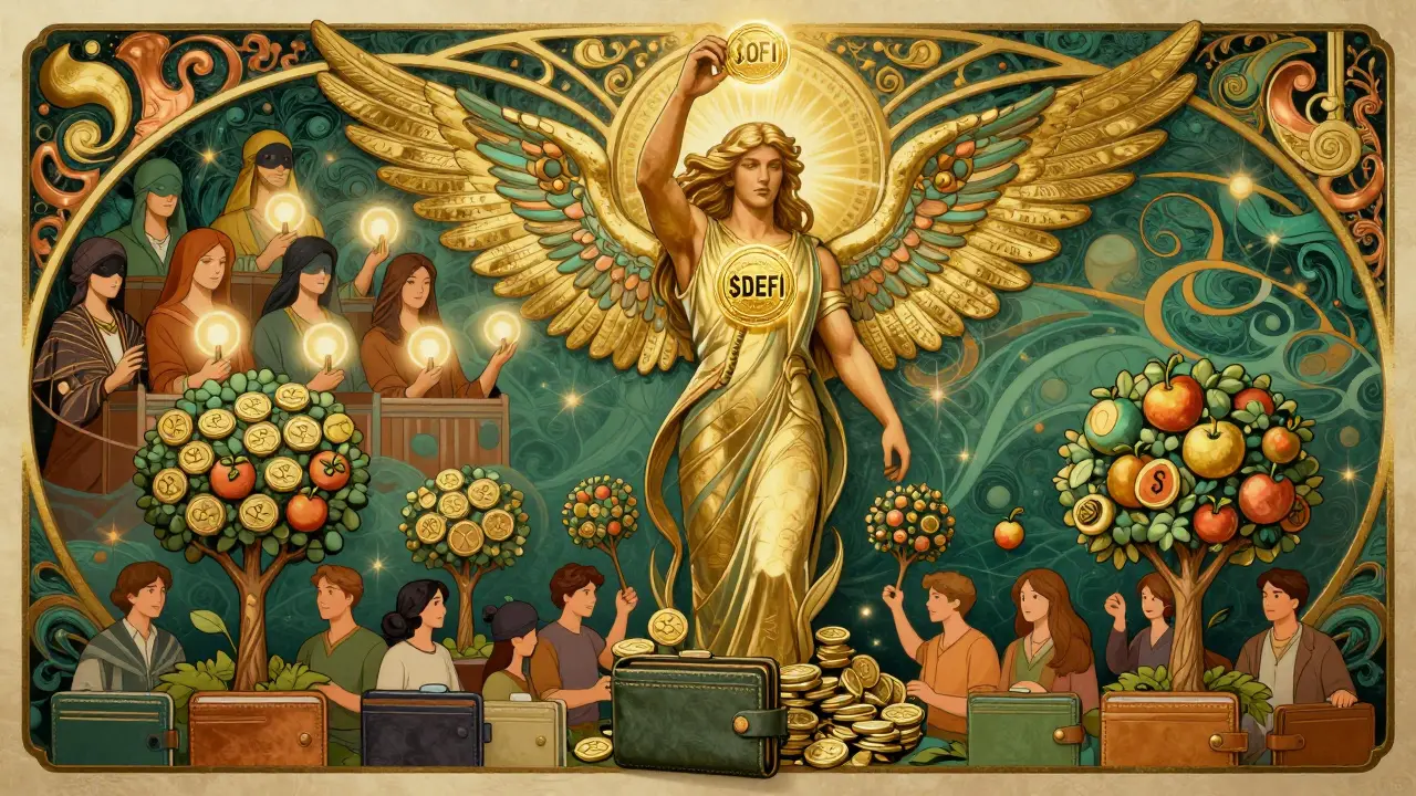 Figura alada sube con un token de airdrop mientras usuarios activos cultivan árboles de tokens SCA, en estilo Art Nouveau sin texto.