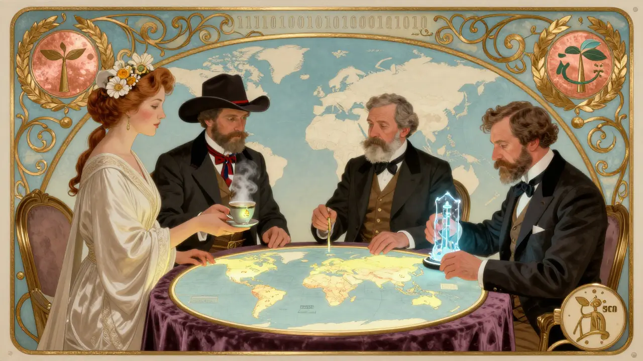 Inversores examinan un mapa mundial de minería de Bitcoin con fuentes de energía renovable en escena elegante de Art Nouveau.