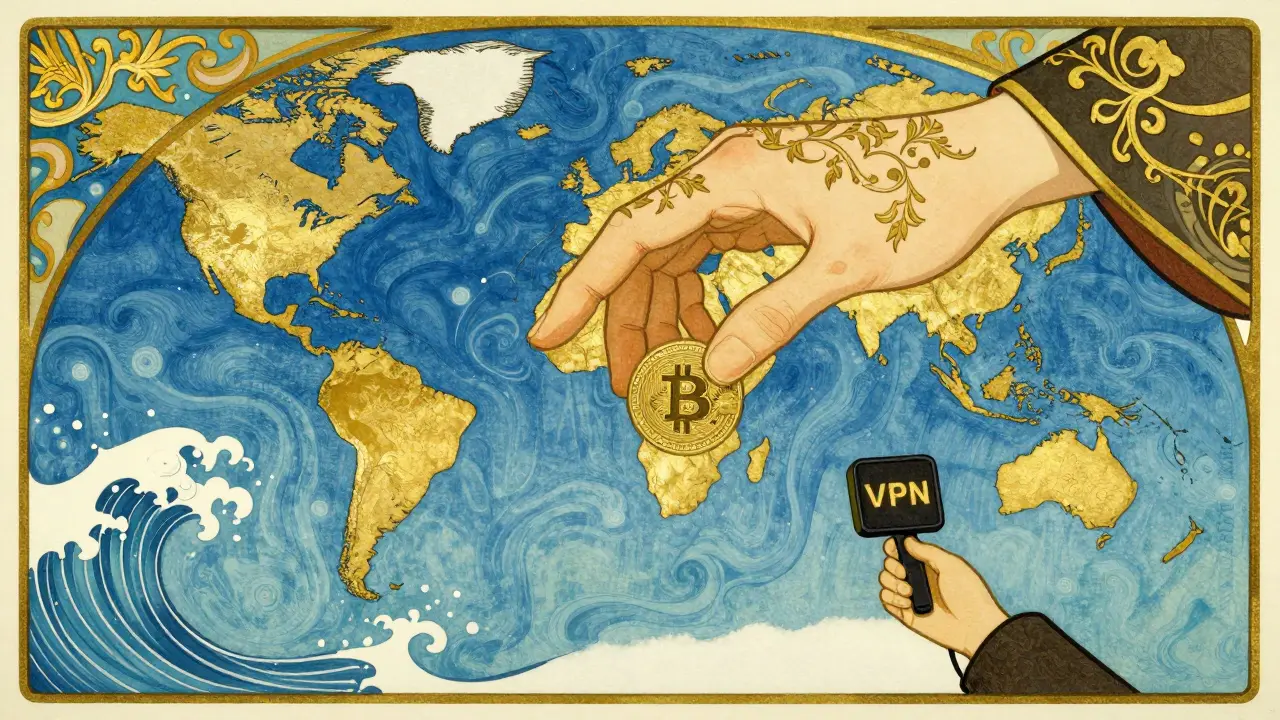 Mano china confiscando activos cripto a persona usando VPN en mapa mundial.