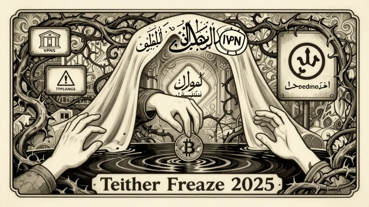 Manos ocultas intentan enviar criptomonedas a través de redes VPN, mientras un río oscuro marca un congelamiento por Tether en 2025.