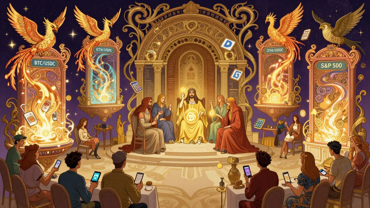 Mercado descentralizado donde usuarios conectan sus billeteras a portales flotantes con símbolos de criptomonedas y votan con tokens MCB.