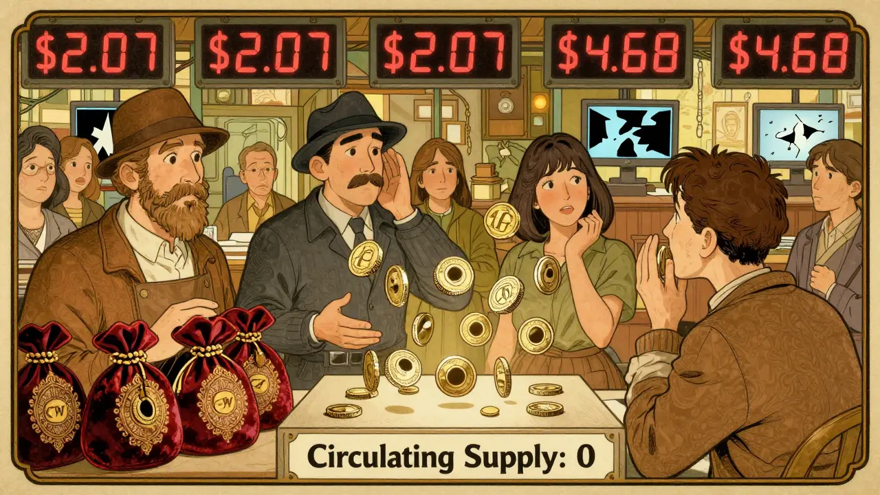 Mercado ficticio donde tokens CZW flotan vacíos sobre una tabla que indica 'Oferta circulante: 0'.