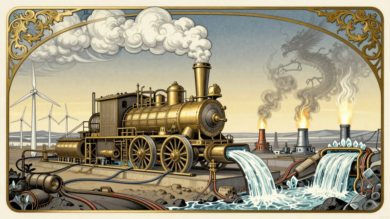 Minero ASIC en forma de máquina de vapor conectado a fuentes de energía renovable en distintas regiones del mundo.