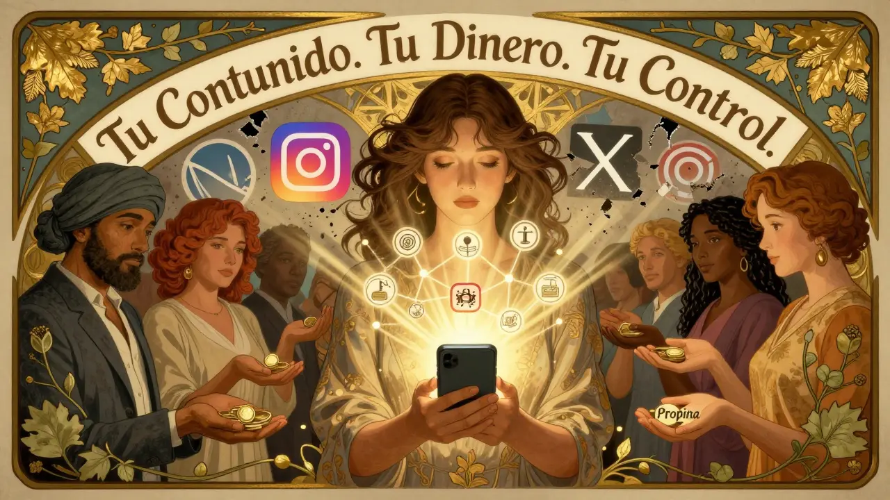Mujer muestra una red blockchain mientras personas le dan propinas; logotipos de redes centrales se desvanecen en polvo.