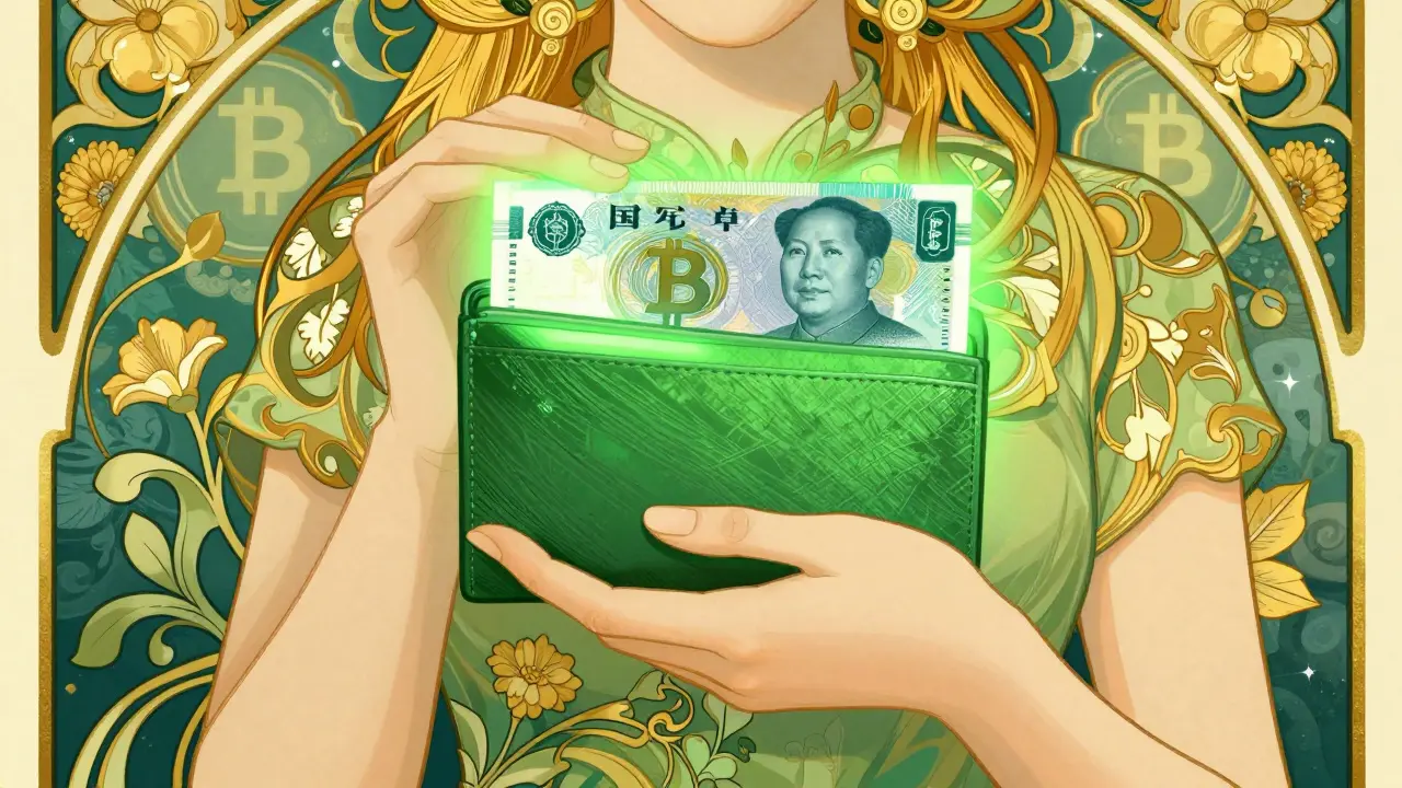 Persona usando yuan digital con patrones florales verdes y dorados.