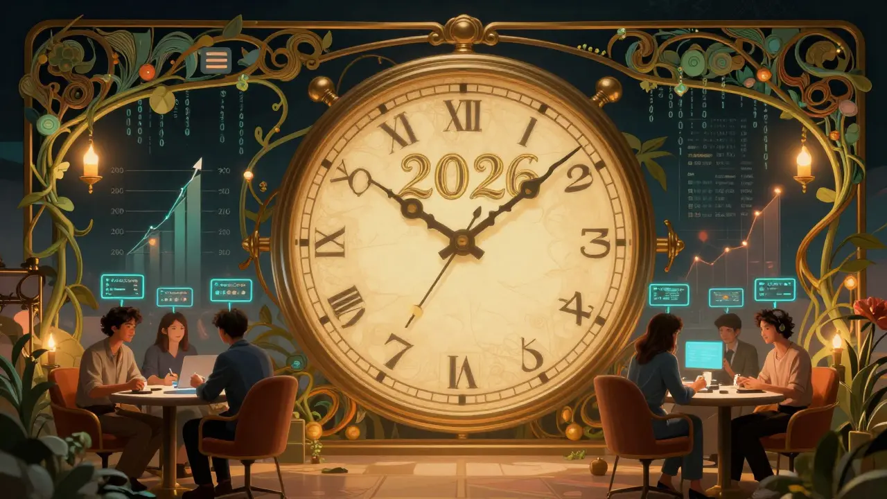 Reloj de blockchain con manecillas de tokens SCA muestra 2026; usuarios aumentan su ScaleSCORE en un salón digital con motivos Art Nouveau.