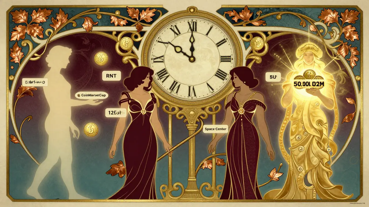 Reloj ornamental con manecillas de B2M y figuras de staking en distintos niveles, estilo publicidad Art Nouveau.