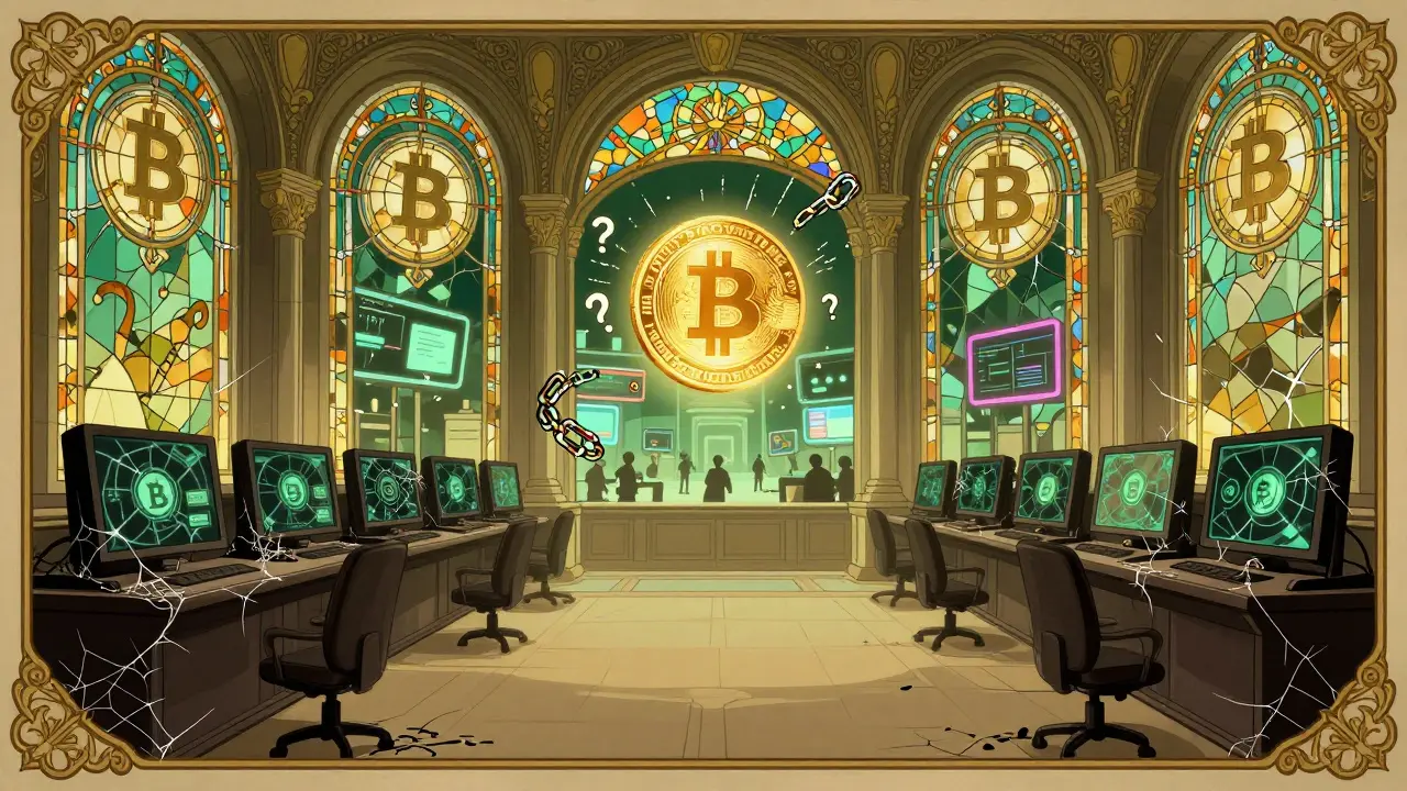 Sala de trading vacía con símbolos de BCH, mientras otros intercambios brillan en la distancia.