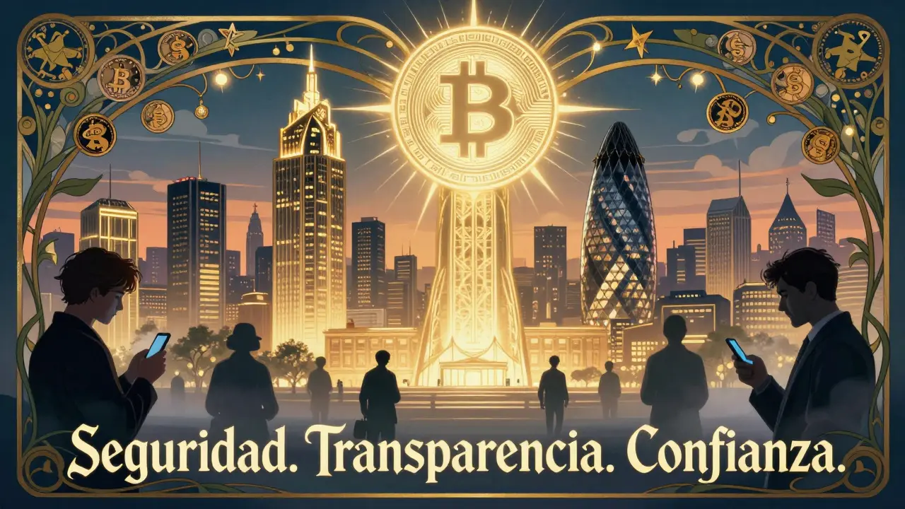 Skyline de Londres iluminado por el emblema del FCA, ciudadanos usando cripto bajo protección, mientras operadores no autorizados desaparecen en la niebla.