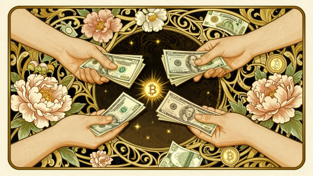 Tres manos conectadas por enredaderas florales intercambian efectivo, USDT y dólares, formando un patrón oculto de cadena de bloques en estilo Art Nouveau.