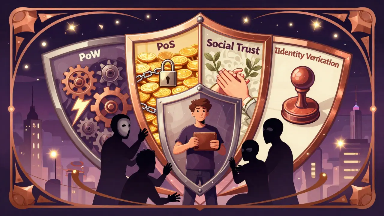 Un escudo de cuatro capas protege a un usuario de figuras sombrías, con detalles florales y tonos dorados y morados.