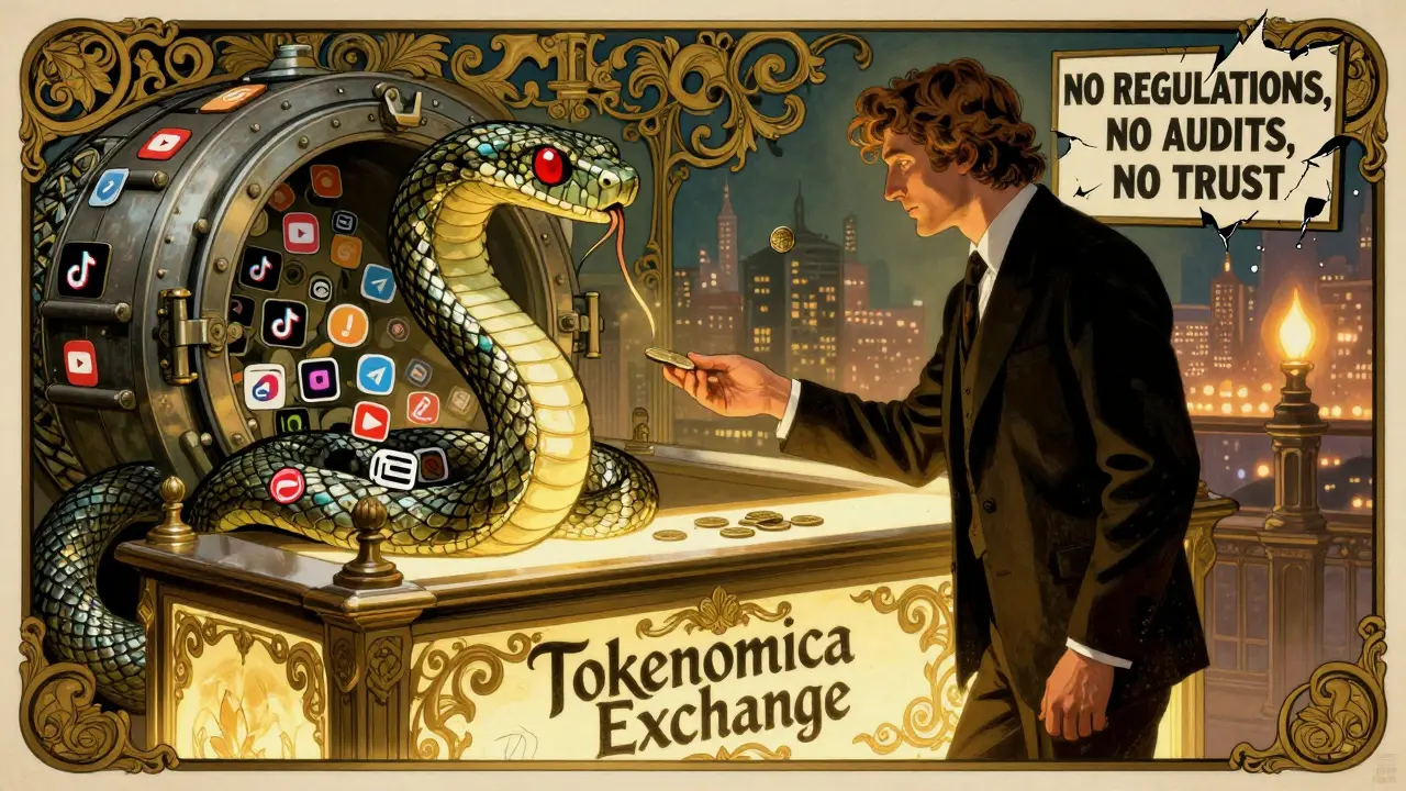 Un hombre en un mostrador ornamentado ofrece monedas a una serpiente hecha de íconos de redes sociales, mientras exchangers reales brillan en el fondo.