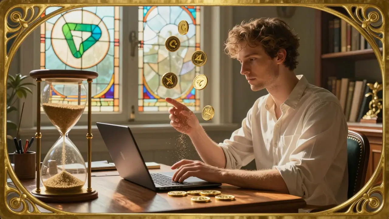 Un hombre recibe tokens CAKE de su billetera digital mientras relojes de arena mágicos se llenan automáticamente.