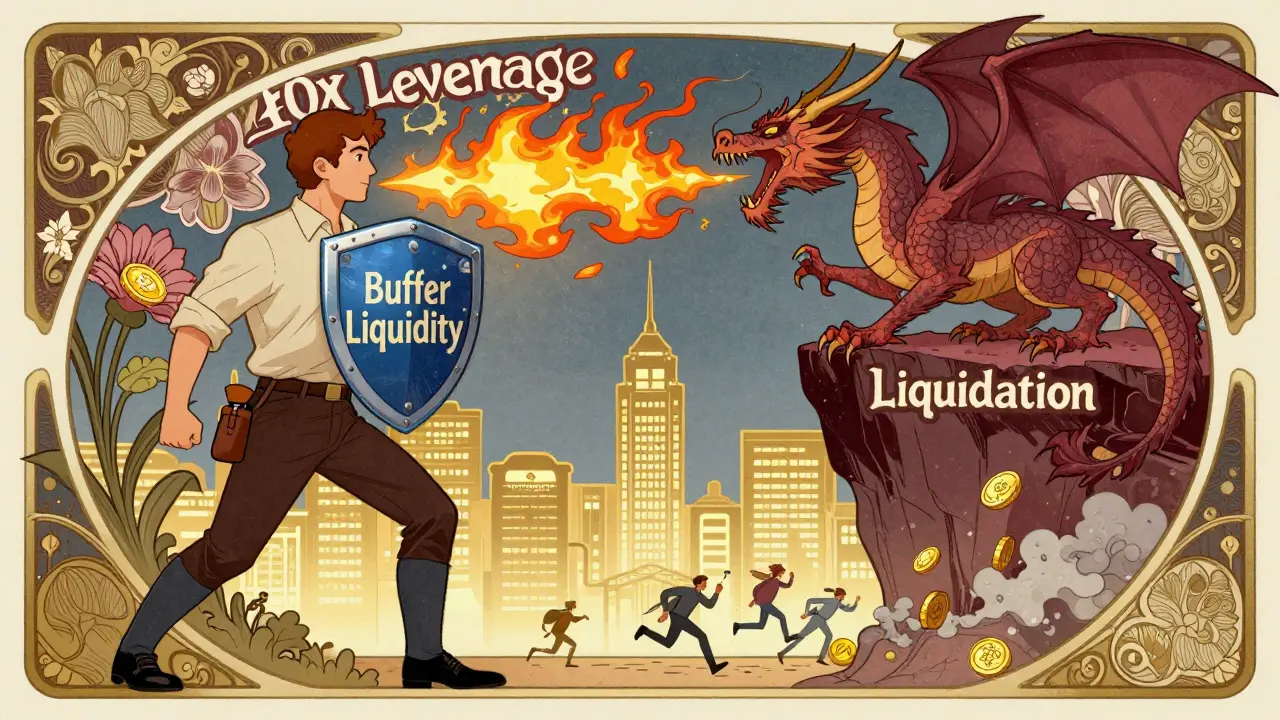 Un trader con escudo enfrenta a un dragón de apalancamiento 10x sobre un acantilado de liquidación, en estilo publicitario Art Nouveau.