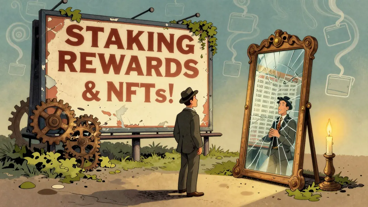 Un trader mira un espejo que refleja precios de <h2>Las promesas vacías: staking, NFTs y DAO</h2>, mientras un cartel publicitario se desmorona tras él.