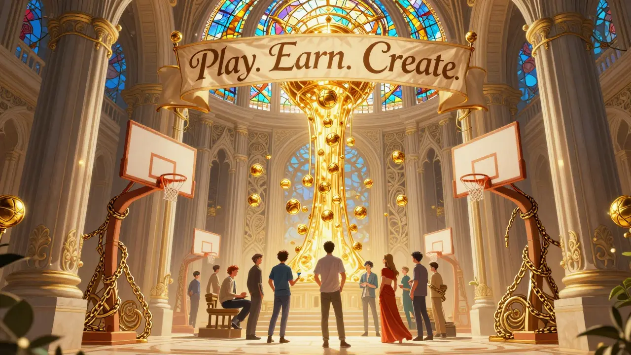 Una entrada monumental al ecosistema Ballies, con aros de baloncesto y cadenas de blockchain formando una catedral digital, bajo un cielo de luz dorada.