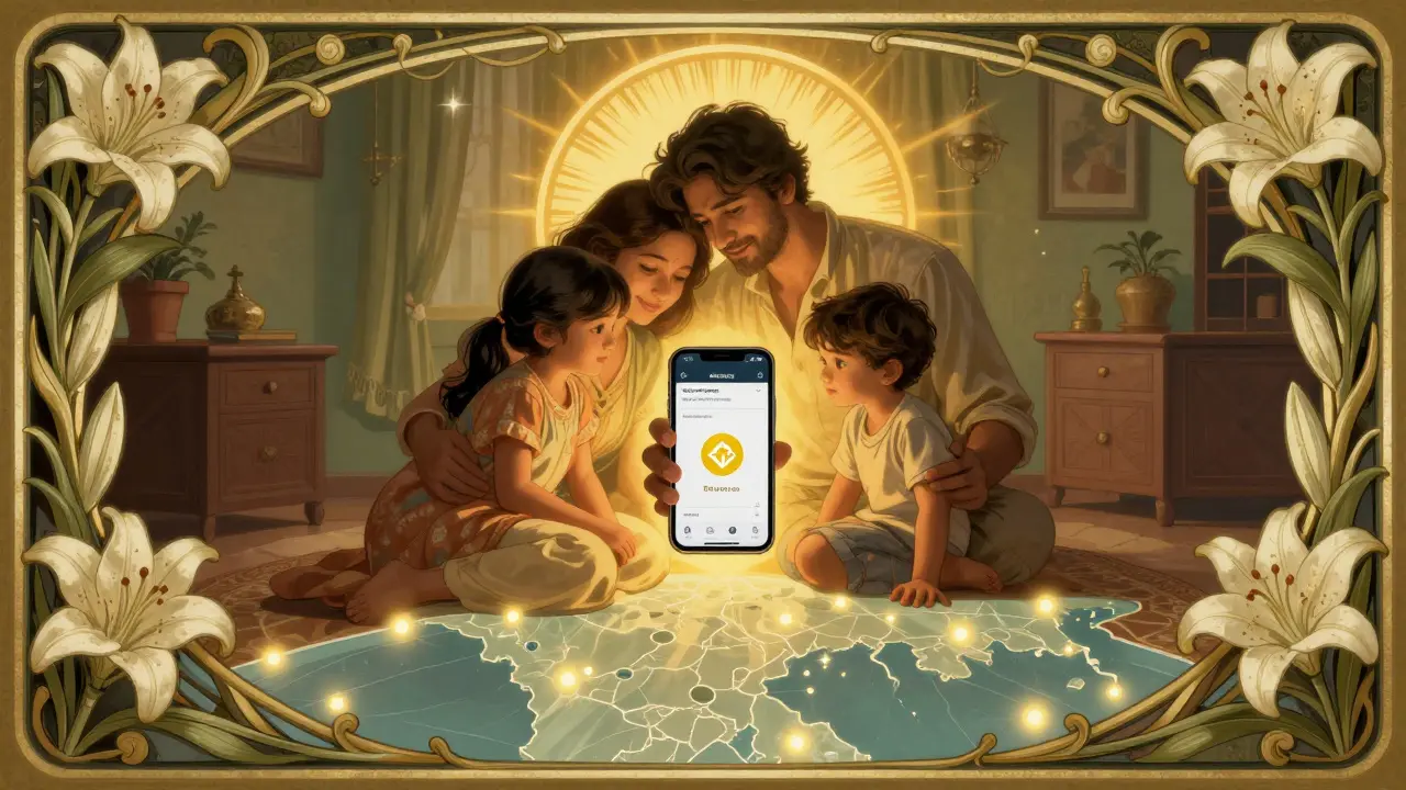 Una familia en Dhaka mira una app de Binance iluminada por un resplandor dorado, rodeada de motivos florales.
