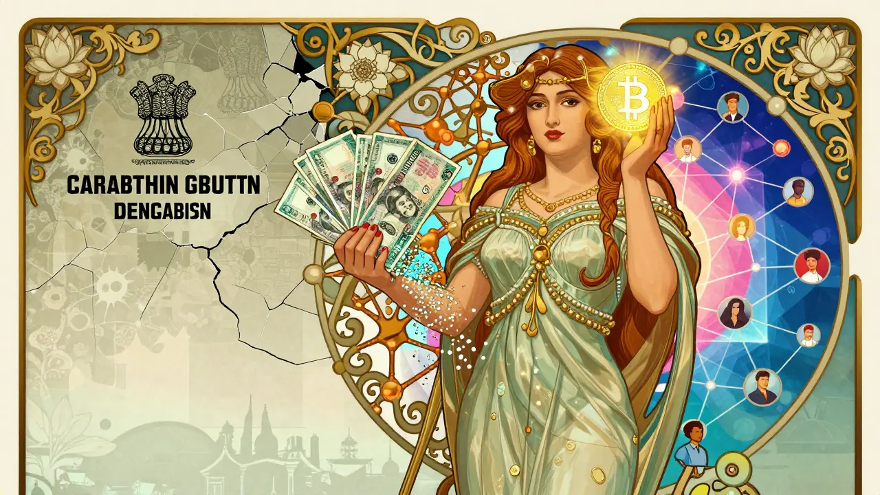 Una figura femenina simbólica de Bangladesh sostiene una moneda USDT mientras los billetes se convierten en datos digitales.